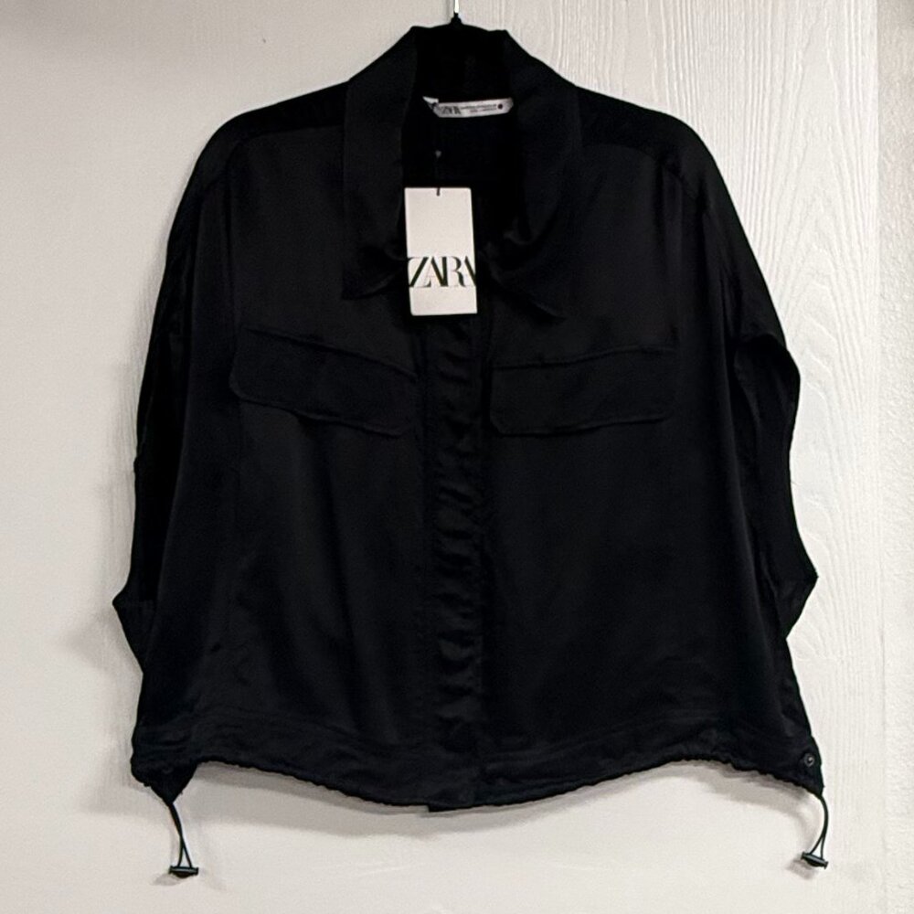 Zara Black Satin Cropped Button-up Shirt Size S